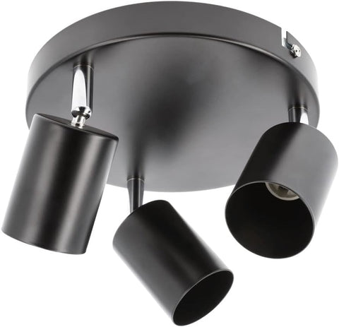 Black ceiling light fixture with three adjustable lampshades on a white background