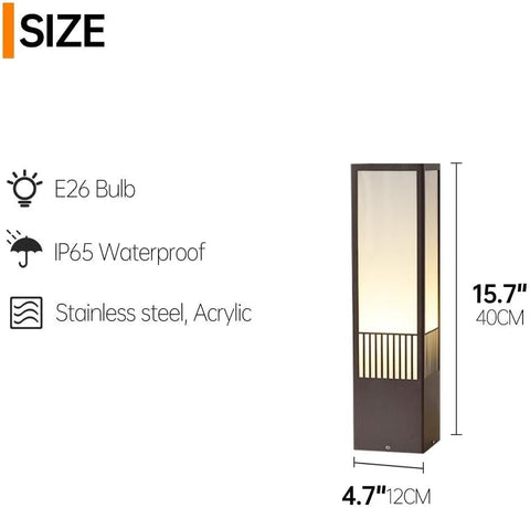 Modern Square Outdoor Bollard Light IP65 Waterproof Pathway Lighting for Garden Yard Lawn E26 Base Stainless Steel Exterior Lamp for Patio Driveway Decoration Courtyard Landscape Lighting(40CM)
