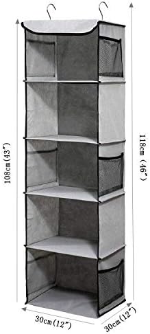 Hanging Storage with 5 Shelves Wardrobe Closet Organiser, Storage Shelves Unit with 6 Pockets for Clothes - Grey(30 X 30 X 108Cm)