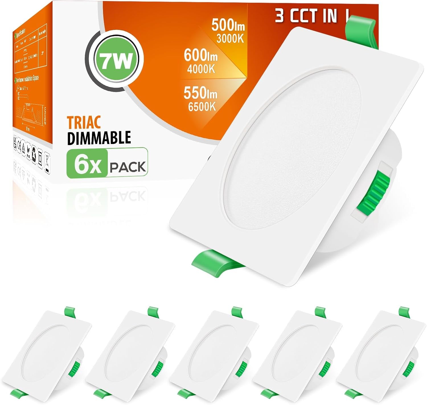 3CCT LED Downlights Ceiling Dimmable 7W IP65 Cutout 67-75MM 6 Pack | Slim Recessed Ceiling Lights, 3000K 4000K 6500K Selectable Bathroom Kitchen Spotlights, round White