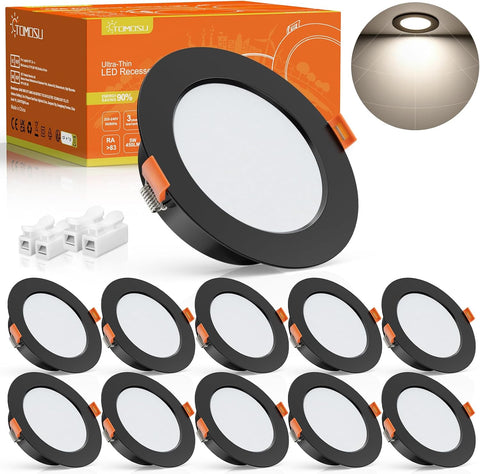 Pack of 10 Extra Flat Black LED Recessed Spotlights, 5 W 450 Lumen Equivalent to 50 W Incandescence, 4000 K Neutral White IP44, Diameter 98 Mm, Hole Diameter Φ75-85 Mm