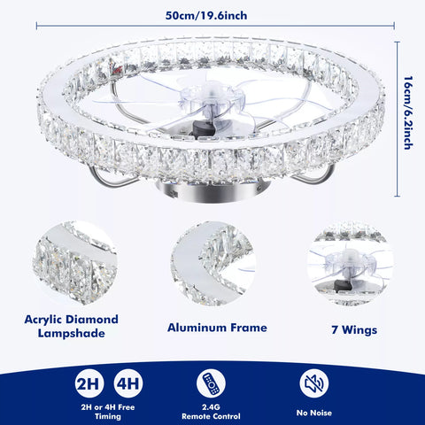 LED Crystal Ceiling Fan Light UK – Dimmable, Quiet with Remote Control - UK