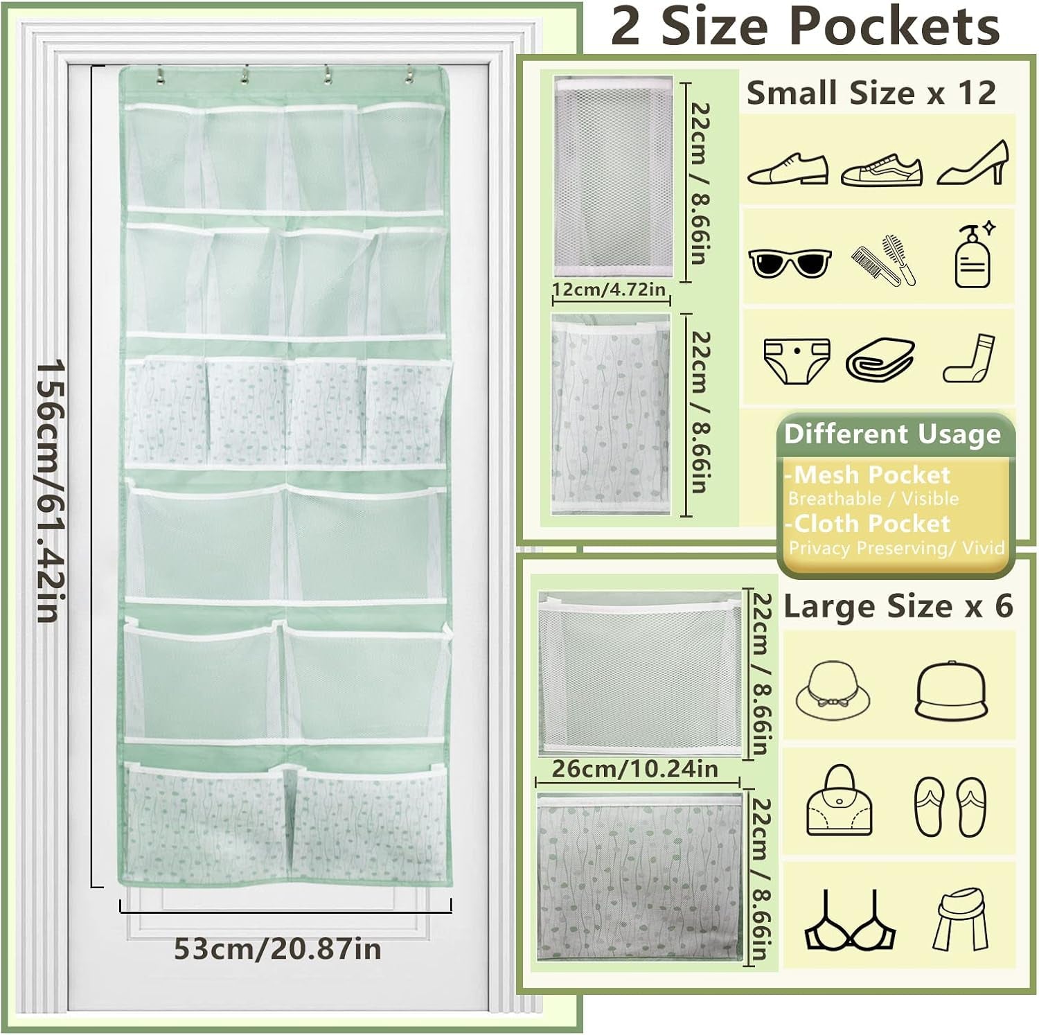 Kancnt Over the Door Hanging Organiser with 18 Pockets, Green & White – Turn Unused Door Space into a Clever Storage Spot