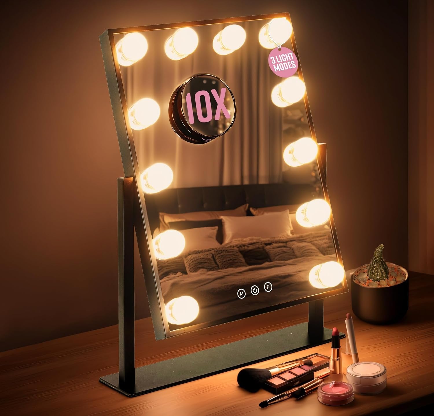 Hollywood Mirror with 9 LED Bulbs - 3 Colour Light Modes & Adjustable Brightness, Touch Screen, 360° Rotation, Light up Mirror, No Assembly Needed, Vanity Mirror with Lights - White
