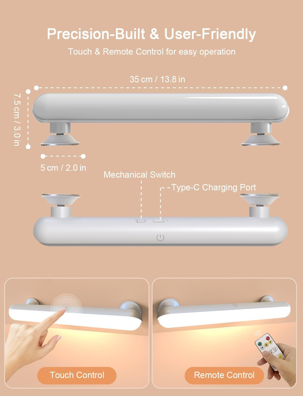 Stick on Makeup Mirror Light, 5000Mah Rechargeable Vanity Light | Wireless, Suction Cup, Stick on Lights with Remote, LED Magnetic Dressing Table Lights with 3 Color & Dimmable for Bathroom