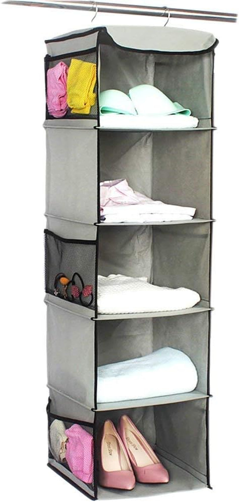 5-Shelf Hanging Wardrobe Organizer with 6 Pockets for Clothing - Grey (30 x 30 x 108 cm)