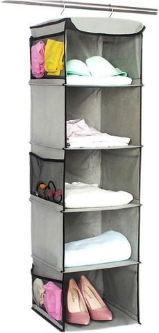 5-Shelf Hanging Wardrobe Organiser with 6 Pockets, Grey, 30 × 30 × 108 cm – Find a Place for Every Little Essential