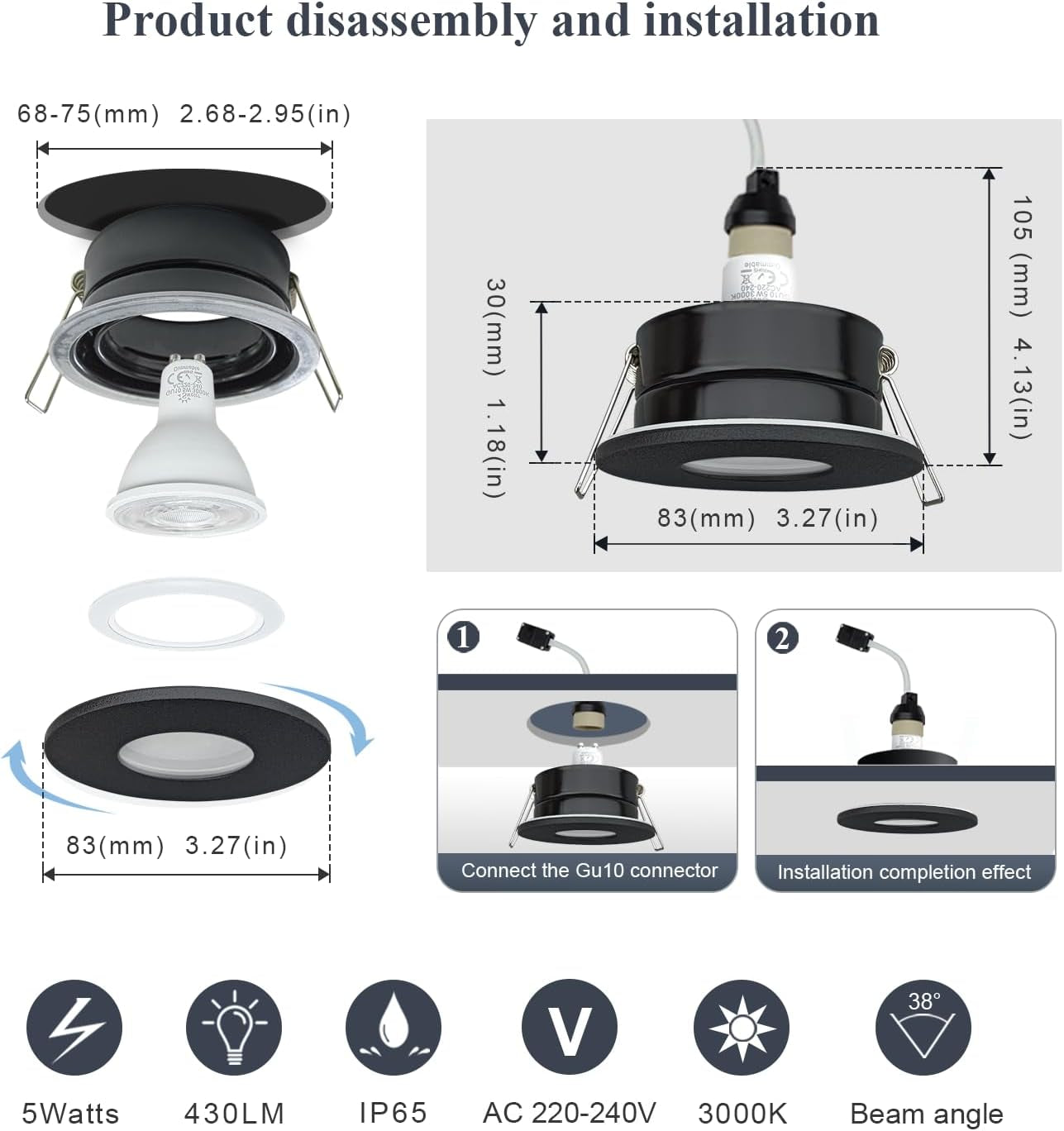 LED Downlights IP65 Waterproof Bathroom Spotlights 68-75Mm Cut Out | 4 Pack 5W GU10 3000K Class II Luminaire, Easy Install Black Recessed Ceiling Lights for Shower, Mains Powered