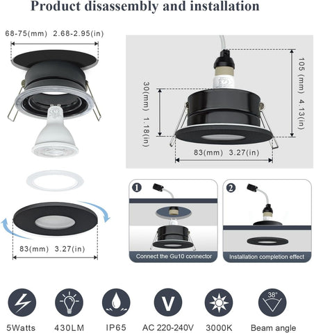 LED Downlights IP65 Waterproof Bathroom Spotlights 68-75Mm Cut Out | 4 Pack 5W GU10 3000K Class II Luminaire, Easy Install Black Recessed Ceiling Lights for Shower, Mains Powered
