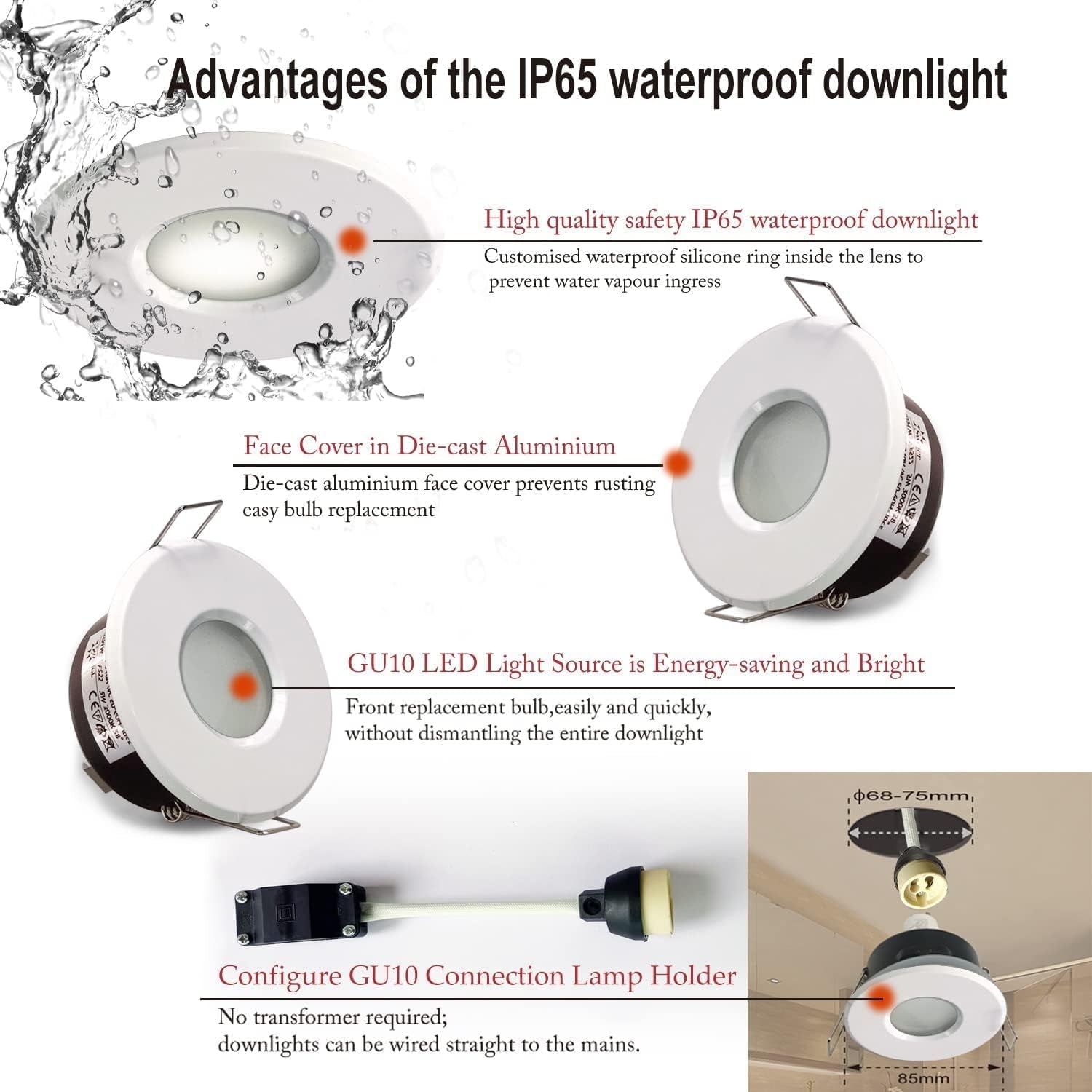 4X 5W IP65 Waterproof LED Recessed Ceiling Lights, Warm White 3000K 430LM, Suitable for Bathroom and Kitchen Spotlights (Including GU10 Lamp Holder) White Downlight Cut-Out 68Mm