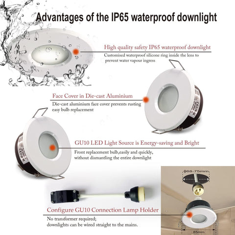 4X 5W IP65 Waterproof LED Recessed Ceiling Lights, Warm White 3000K 430LM, Suitable for Bathroom and Kitchen Spotlights (Including GU10 Lamp Holder) White Downlight Cut-Out 68Mm