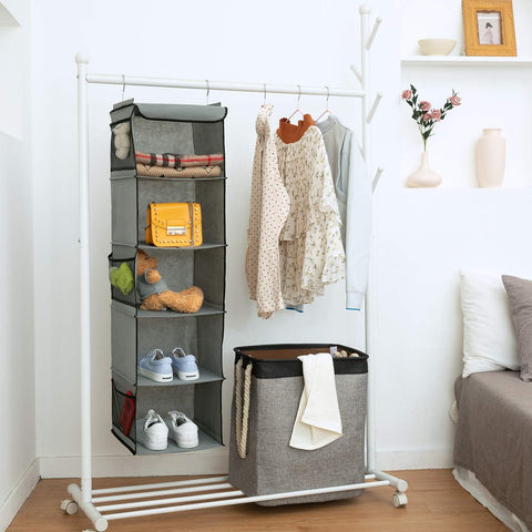 5-Shelf Hanging Wardrobe Organiser with 6 Pockets, Grey, 30 × 30 × 108 cm – Find a Place for Every Little Essential