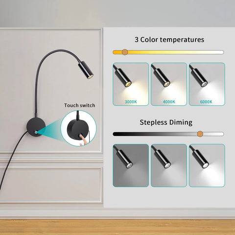 Wall Mounted Reading Lamp LED Bedside Light with USB and Touch Dimmer