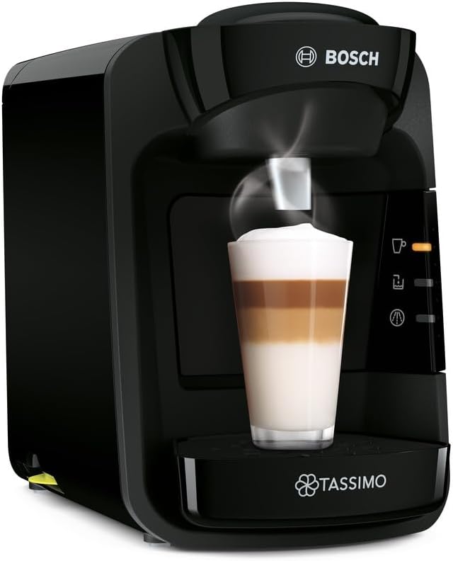 Black Tassimo coffee machine dispensing a layered coffee drink
