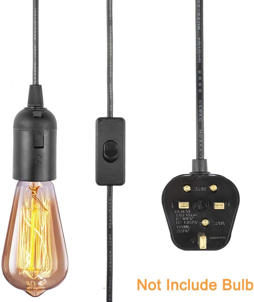 4M Plug in Pendant Light Fitting, Sunnylinn E27 Ceiling Lamp Holder Suspended Pendant Light Ceiling Lighting Fitting Kit with ON/Off Switch, 2 Cord Gold Fabric Cable UK Plug (Black)