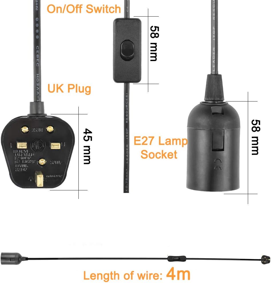 4M Plug in Pendant Light Fitting, Sunnylinn E27 Ceiling Lamp Holder Suspended Pendant Light Ceiling Lighting Fitting Kit with ON/Off Switch, 2 Cord Gold Fabric Cable UK Plug (Black)