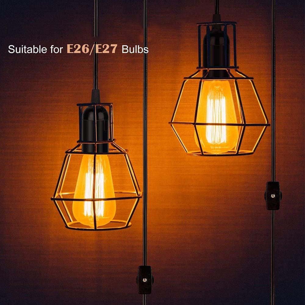 4M Plug in Pendant Light Fitting, Sunnylinn E27 Ceiling Lamp Holder Suspended Pendant Light Ceiling Lighting Fitting Kit with ON/Off Switch, 2 Cord Gold Fabric Cable UK Plug (Black)