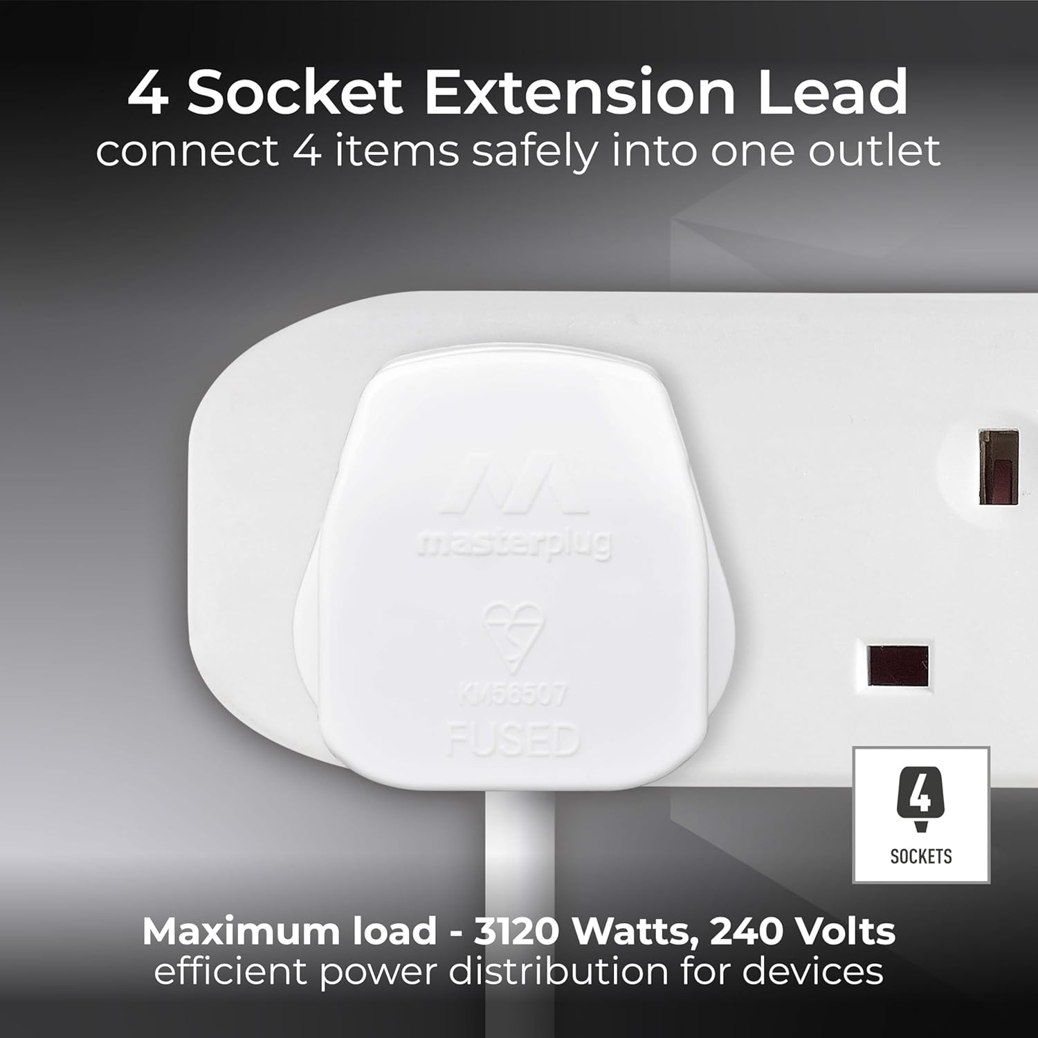 4 Socket Extension Lead with text on a gray background