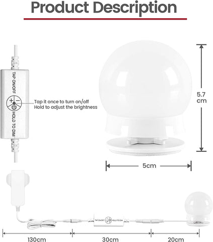 Vanity Lights for DIY Hollywood Mirror, LED Strip Lights Kit with Touch Sensor Dimmer Switch and Power Adaptor, 10 Bulbs - thelights4u.com