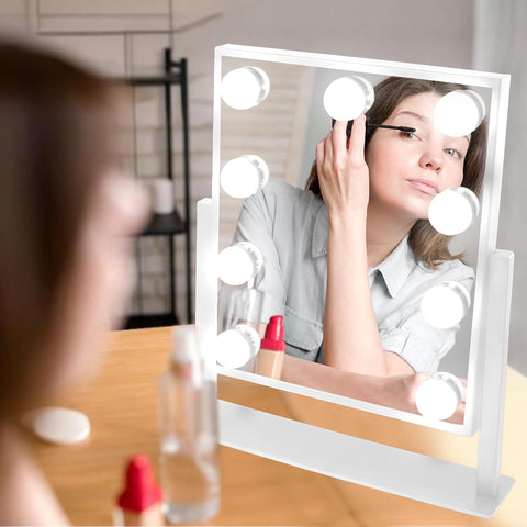 Hollywood Mirror with 9 LED Bulbs - 3 Colour Light Modes & Adjustable Brightness, Touch Screen, 360° Rotation, Light up Mirror, No Assembly Needed, Vanity Mirror with Lights - White