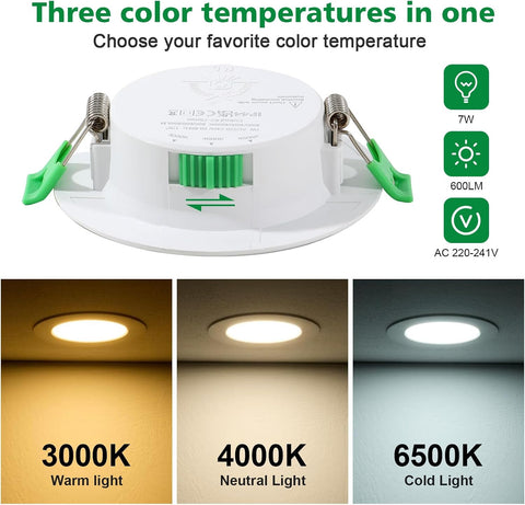 6 Pack LED Downlights for Ceiling 7W 3CCT IP44 Ultra Slim Cut Φ75-85MM | round LED Spot Bathroom Light 600LM, 3000K/4000K/6500K Adjustable, IP44 Recessed Ceiling for Bathroom, Kitchen, Living Room