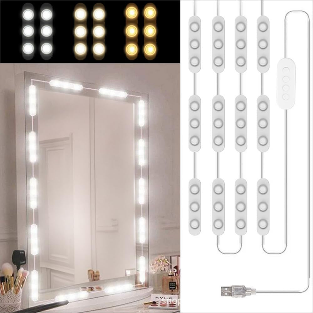 5M LED Vanity Mirror Light Kit, 60 Dimmable Leds, 3 Colors Hollywood Style Dressing Table Strip, for Bathroom Makeup Vanity