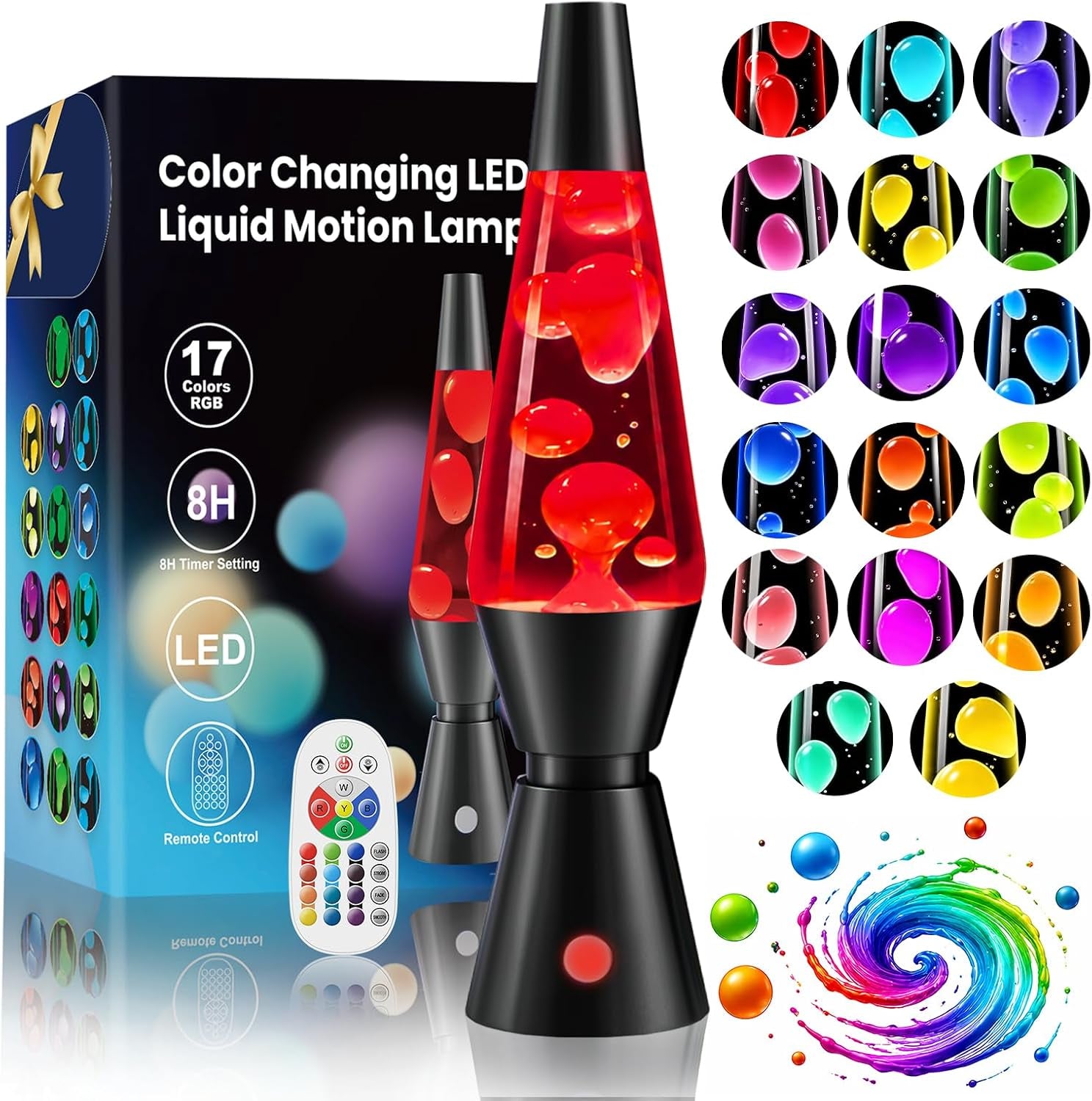 17 Colour Changing Liquid Motion Lamp, 37Cm LED Night Light, Black | Flowing Wax Lavalamp for Bedroom/Office - Relaxing Bedside Glow, Eye-Catching Home Accent for Christmas