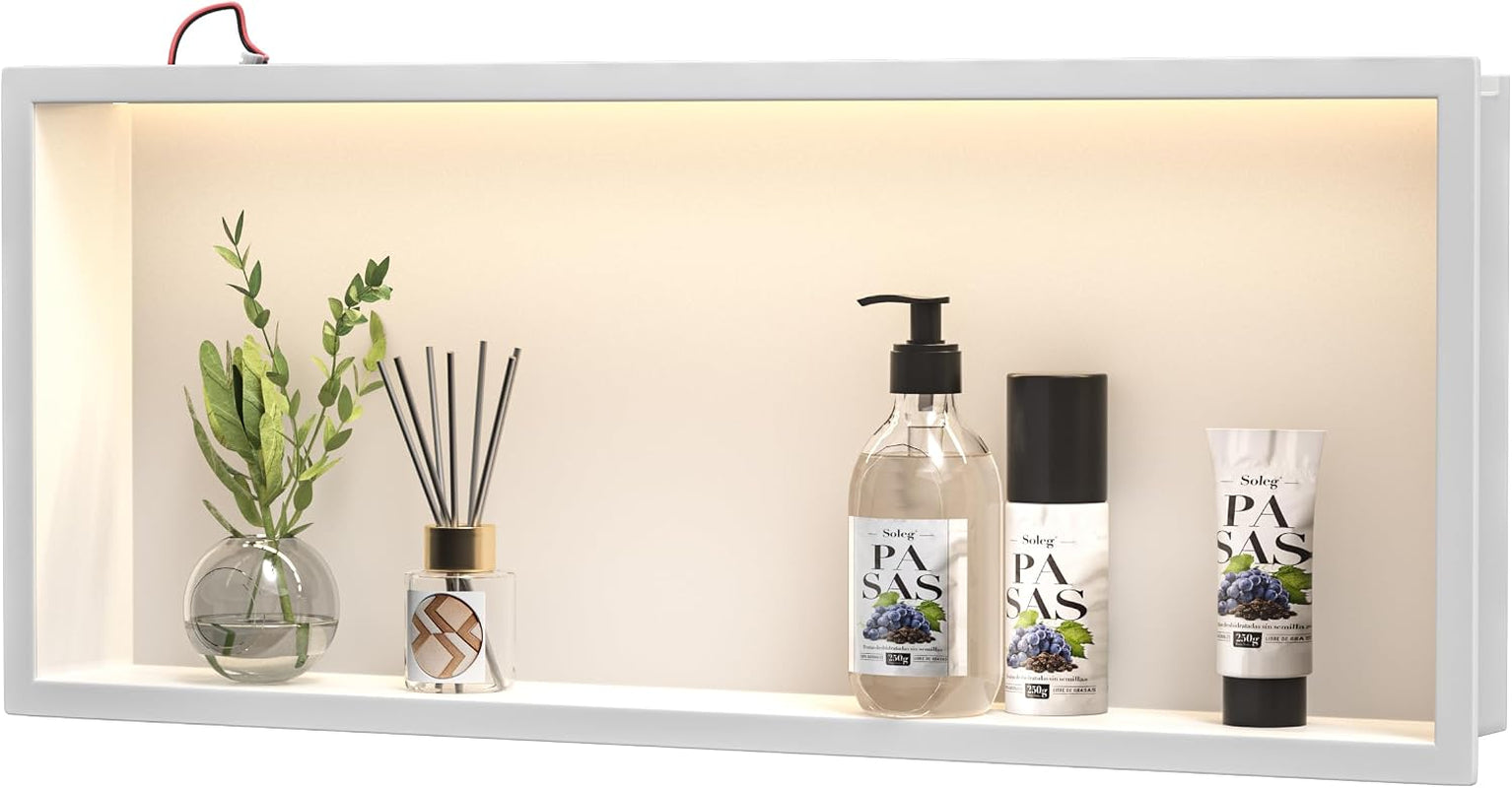 Wall Recess Shower Stainless Steel with LED Strip Light, 90 Cm X 30 Cm, Waterproof, No Tiles Required, Bathroom Storage, Niche, Matt Black