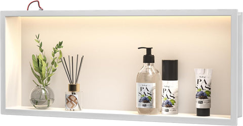 Wall Recess Shower Stainless Steel with LED Strip Light, 90 Cm X 30 Cm, Waterproof, No Tiles Required, Bathroom Storage, Niche, Matt Black