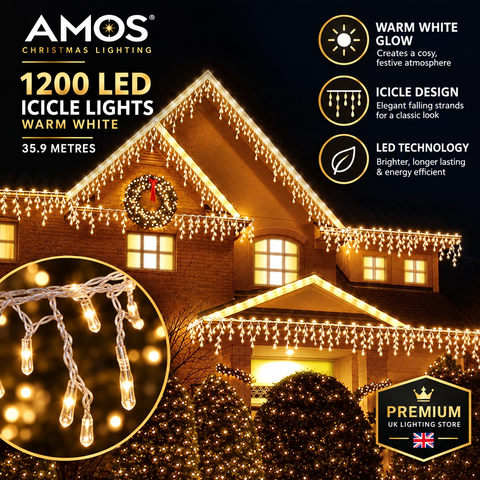 AMOS Christmas Icicle Lights – 1200 LED Warm White Outdoor Christmas Lights with Timer & Memory Function, 35.9m Length, Energy Class A - Turn Your Home Into a Warm Winter Welcome
