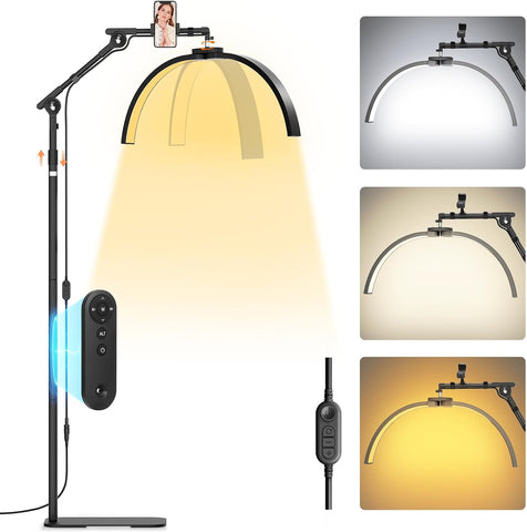 Half Moon Lash Light: 28In Half Moon Lamp for Lash Extensions | 3 Color Dimmable & 360° Rotating Eyelash Lamp for Lash Techs Home Salon with Phone Holder - Pink