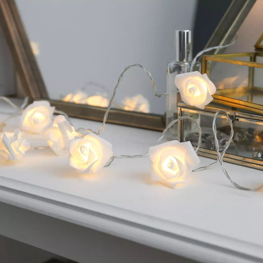 4m White Rose Flower LED Clear Cable Bedroom Indoor Battery Fairy String Lights