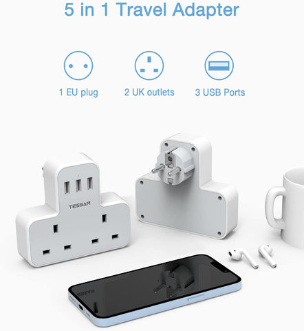5-in-1 travel adapter with multiple ports on a white background