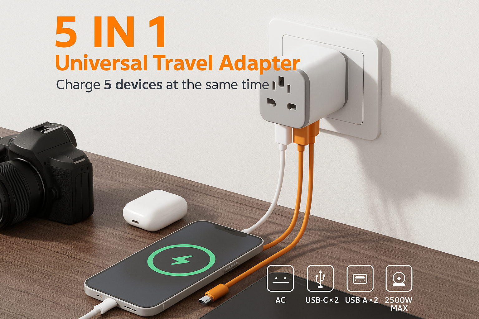 5-in-1 universal travel adapter charging multiple devices on a wooden surface.