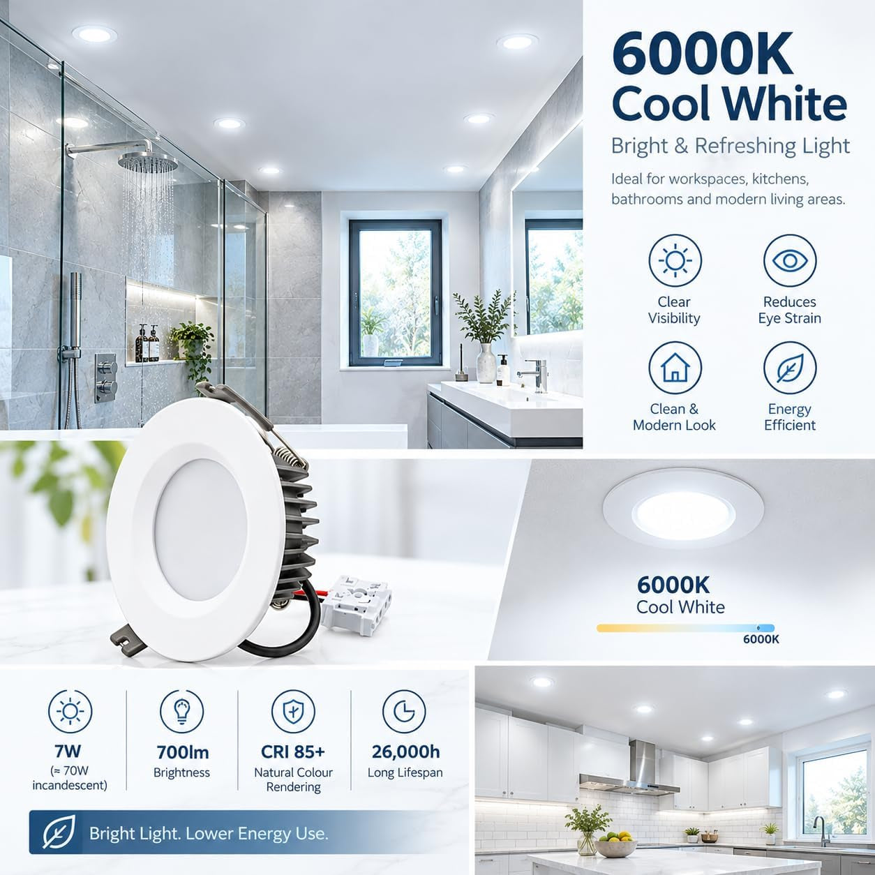 Recessed LED Ceiling Light, IP65 Soffit Bathroom Lights, 7W Waterproof Spotlights Downlight for Bathroom Shower Kitchen, Cut Φ70-90Mm Hole, 6 Pack [6000K Cool White]