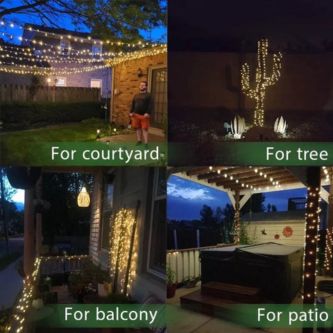 Close-up of LED fairy lights with warm white glow

