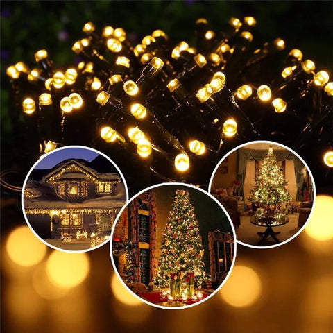 Solar-powered lights glowing on a garden pergola

