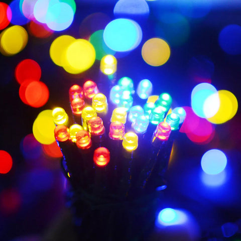 Solar-powered string lights decorating a Christmas tree

