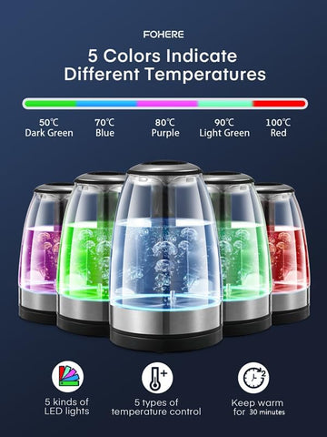Electric Kettle 1.7L Glass, 2200W Fast Boil, 5-Color LED, Keep Warm, Auto Shut-Off, Temperature Control, Quiet Boiling –