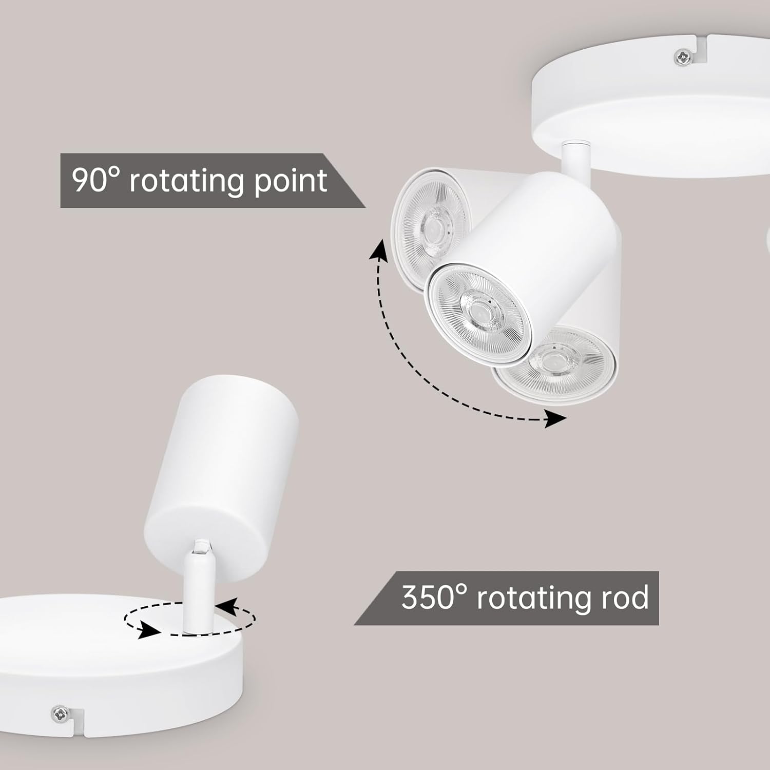 White ceiling light fixture with rotating points labeled on a gray background