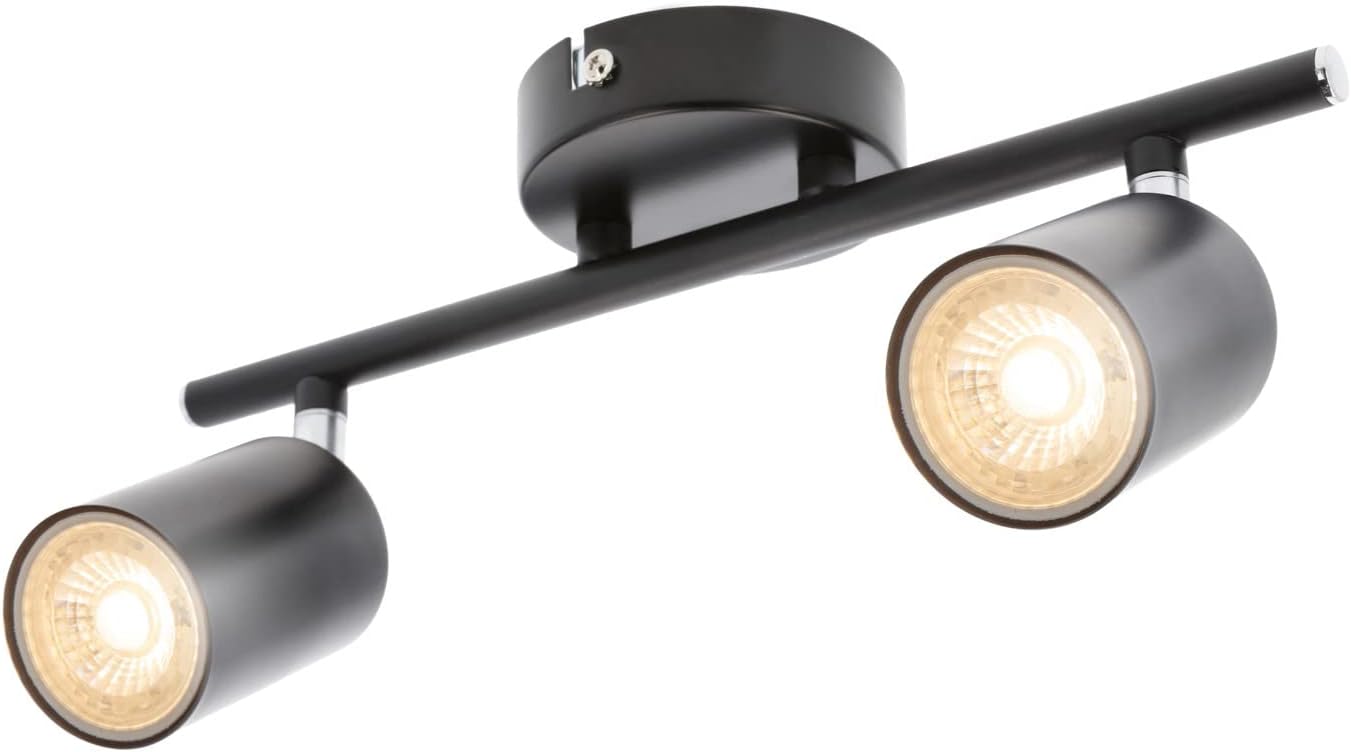 Black ceiling light fixture with two adjustable lights on a white background