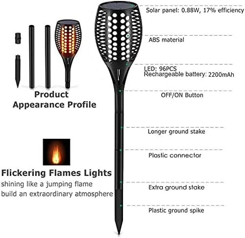 Aityvert Upgraded Larger Solar Torch Lights, Waterproof Outdoor Dancing Flames Lights, Flickering Flames Garden Lights, Landscape Decoration Pathway Patio Lights 43" 96 LED (6)