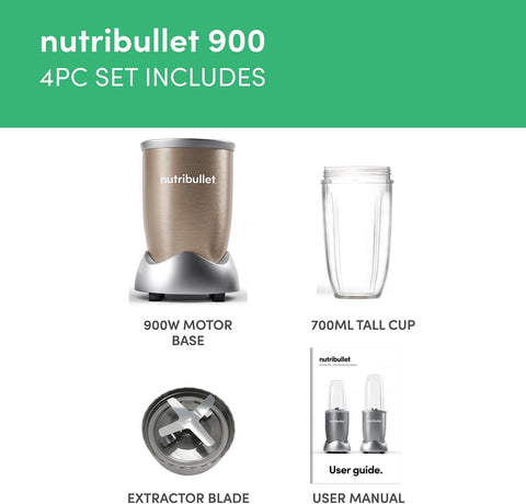 Blender 900 Series 4 Piece Set – 900W High Torque Personal Blender & Smoothie Maker – 24,000 RPM Extractor Crushes Ice, Frozen Fruit & Nuts – 700ml Cup & Flip-Top To-Go Lid – Champagne