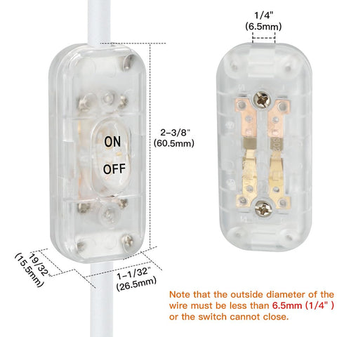 Helunsi Inline Switch 2 Pcs, Clear Lamp Cord Button Torpedo Switch, Rated 6A 250V ON OFF Electrical Wire Appliance Rocker Switches, Repair Replacement Control Power Cable Plug Desk Table Light Parts