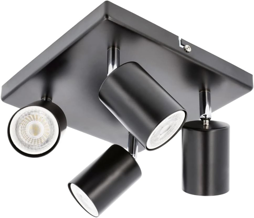 Black ceiling light fixture with three adjustable lampshades on a white background