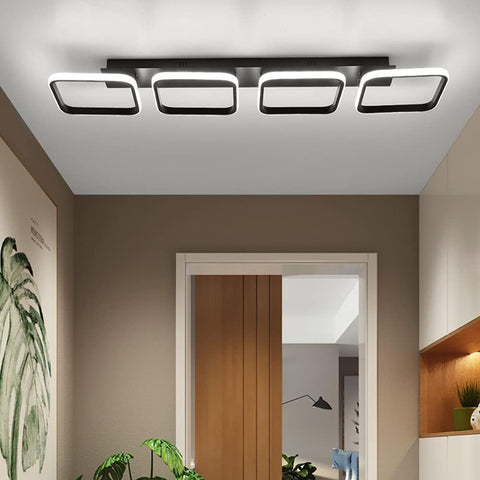 Modern LED Ceiling Light Fixture, 4 Square Black Flush Mount Lamp, 44W 6000K Cool White Indoor Ceiling Lighting for Hallway, Bedroom, Kitchen, Living Room, Office, Porch