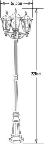 Konstsmide Outdoor Light Firenze Triple Column Outdoor Light/ 2.2m High/ 3 x 100 W E27 Max Lamp Post/Clear Glass/Aluminium/ IP43/ Outside Light Green
