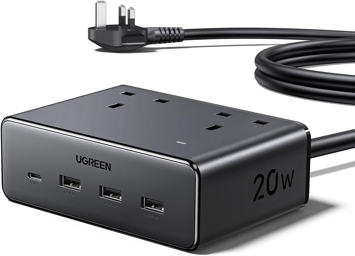 UGREEN 1.5m Cube Extension Lead with 2 UK Sockets, 3 USB-A & 1 USB-C Ports – Keep Your Everyday Essentials Charged Without the Cable Clutter