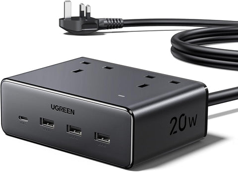 UGREEN 1.5m Cube Extension Lead with 2 UK Sockets, 3 USB-A & 1 USB-C Ports – Keep Your Everyday Essentials Charged Without the Cable Clutter