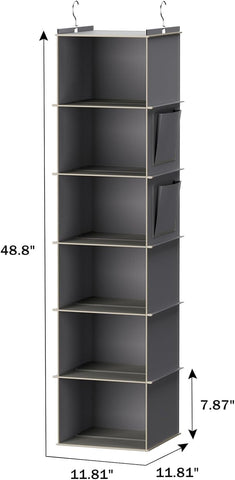 YOUDENOVA Hanging Wardrobe Organiser, 6 Shelves with Side Pockets, Grey – Make Every Shelf Count